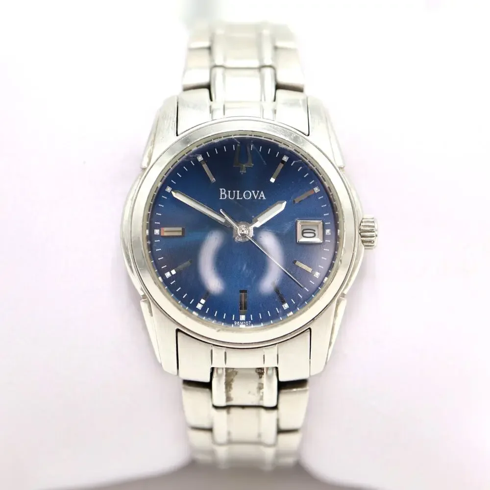 Bulova Womens Silver Tone Blue 26mm Date Watch 5.5